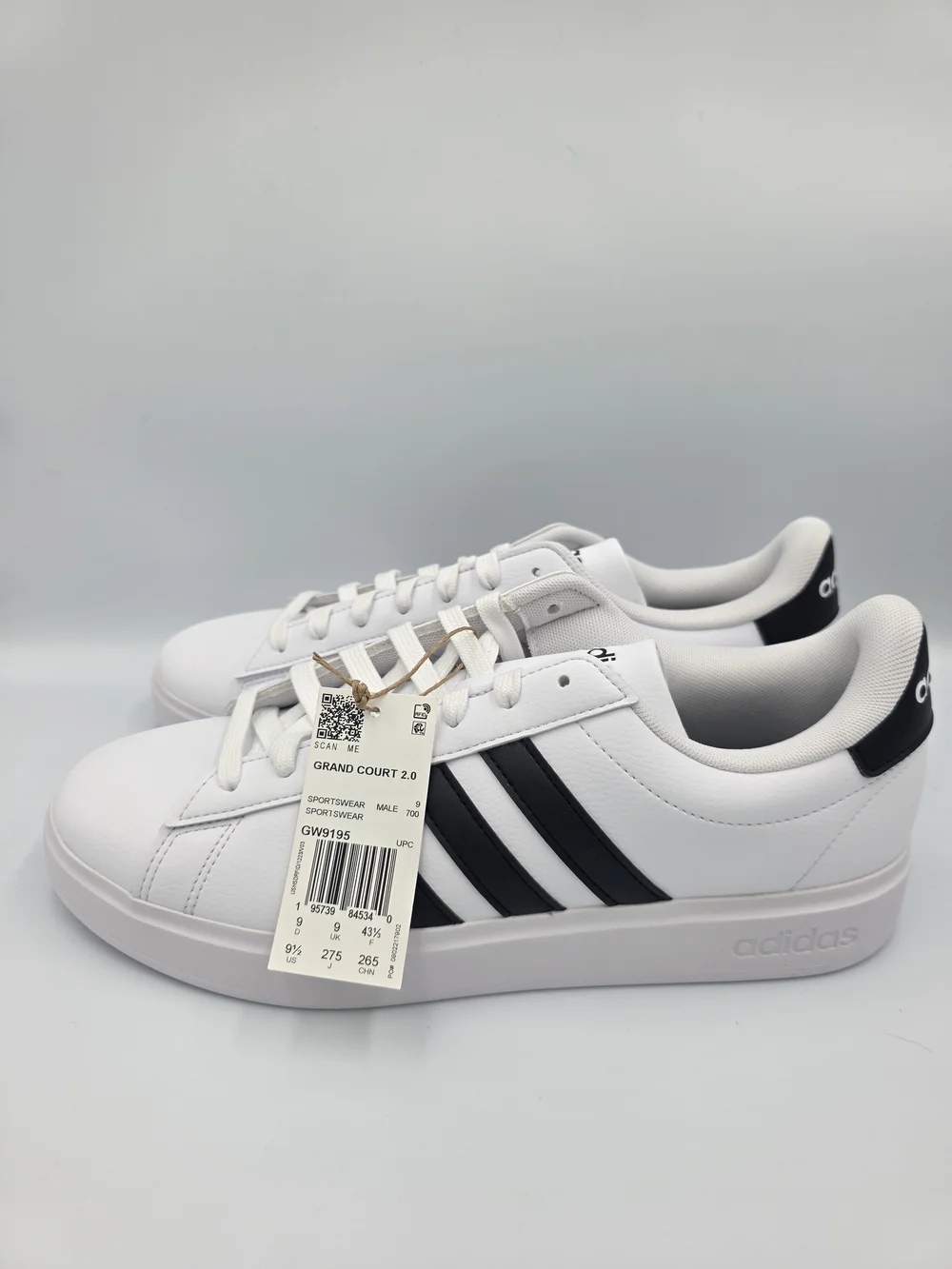 adidas Grand Court 2.0 White Sneakers with Black Three-Stripes